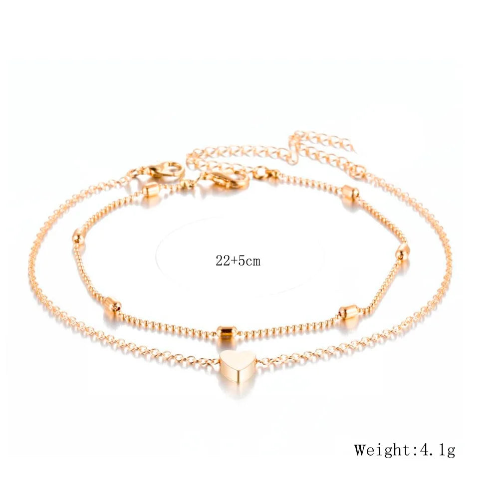 Women Anklets Simple Heart Barefoot Crochet Sandals Foot Jewelry Two Layer Foot Legs Bracelet Anklets Gifts For Women Jewelry