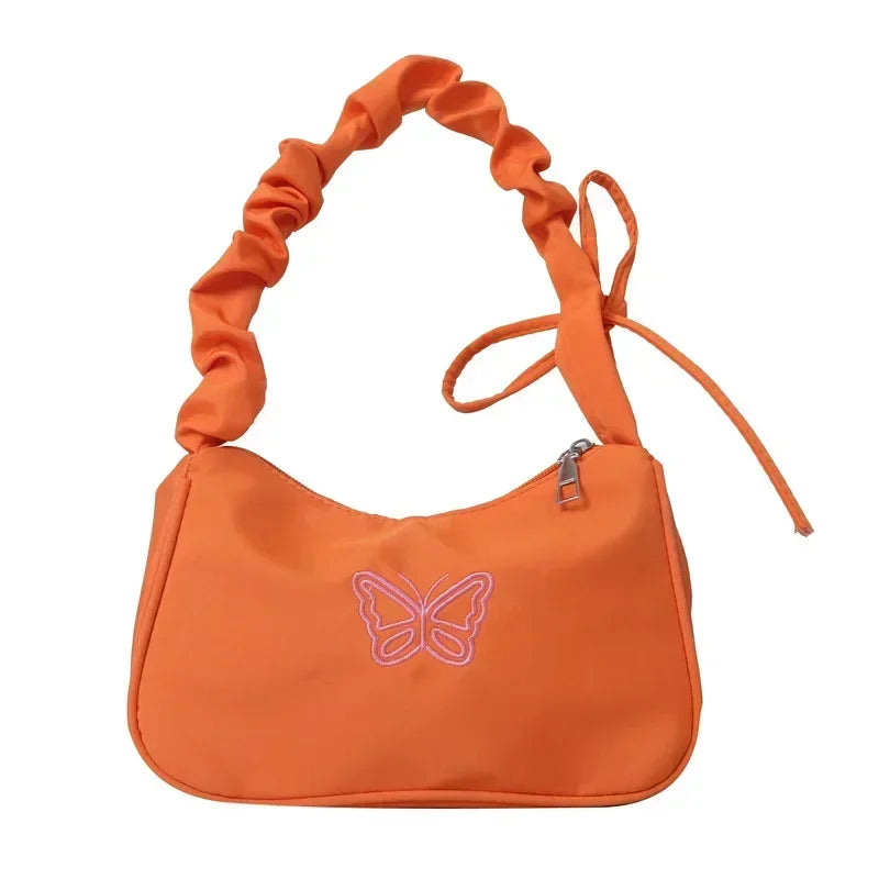 Embroidery Bowknot Butterfly Shoulder Bag Y2k-Style Ruffle Handle Nylon Bow Tote Bag Makeup Lipstick Bag Handbag New