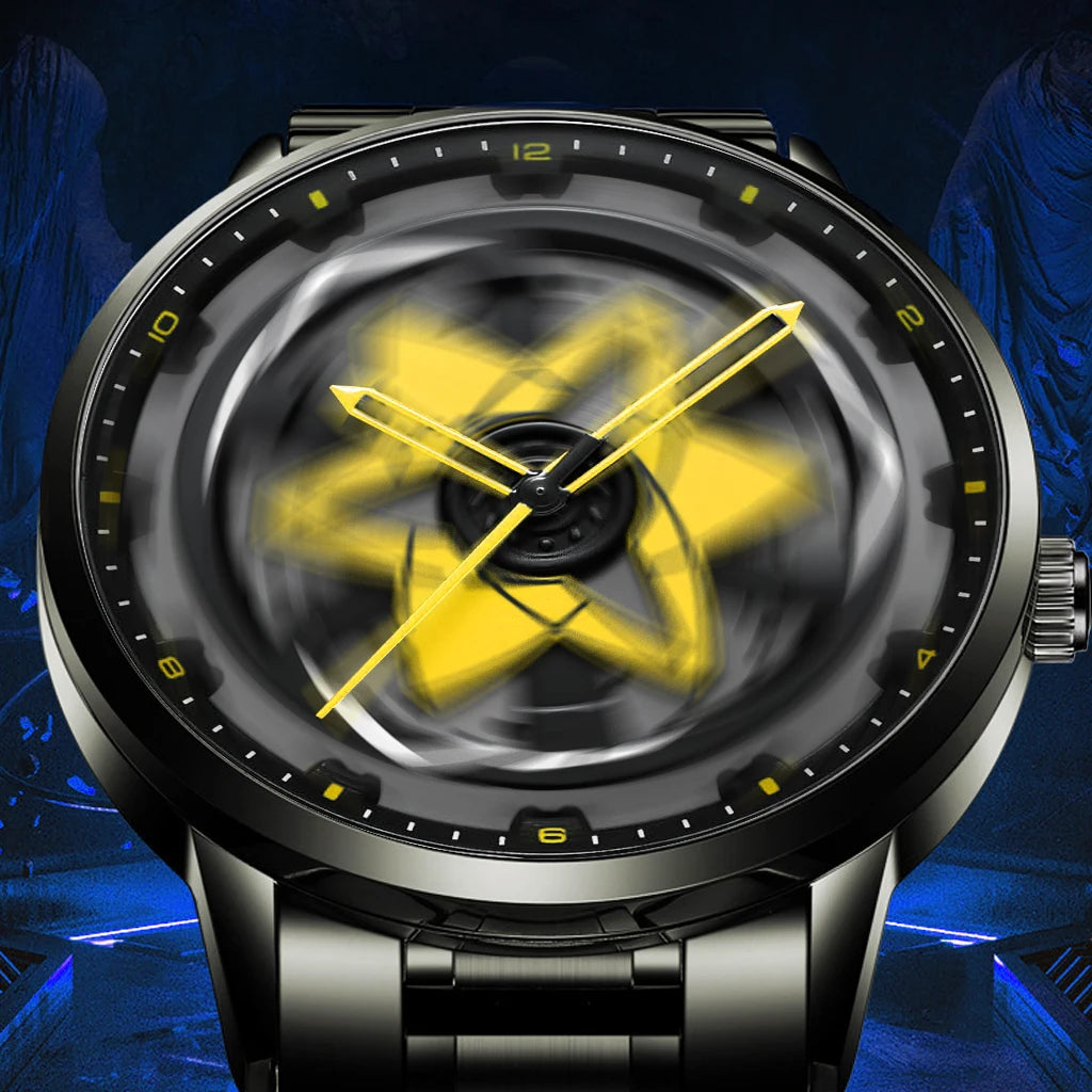 Black Men Watch 42mm Case Creative Spinning Racing Series Clock Stainless Steel Sports Quartz Movement Waterproof Watch for Men