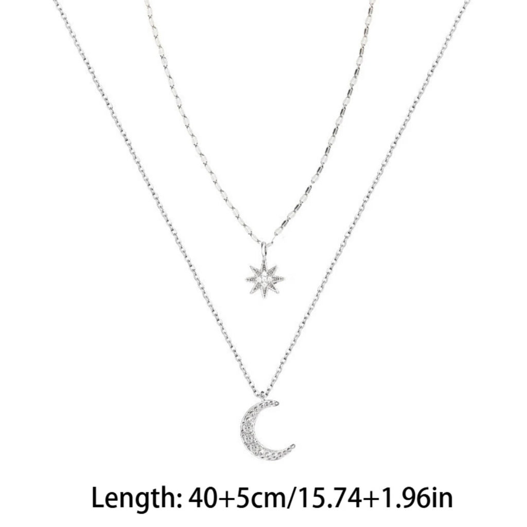 Fashion Silver Color Double Layer Star Moon Necklace for Women Charm Delicate Zircon Choker Chain Jewelry