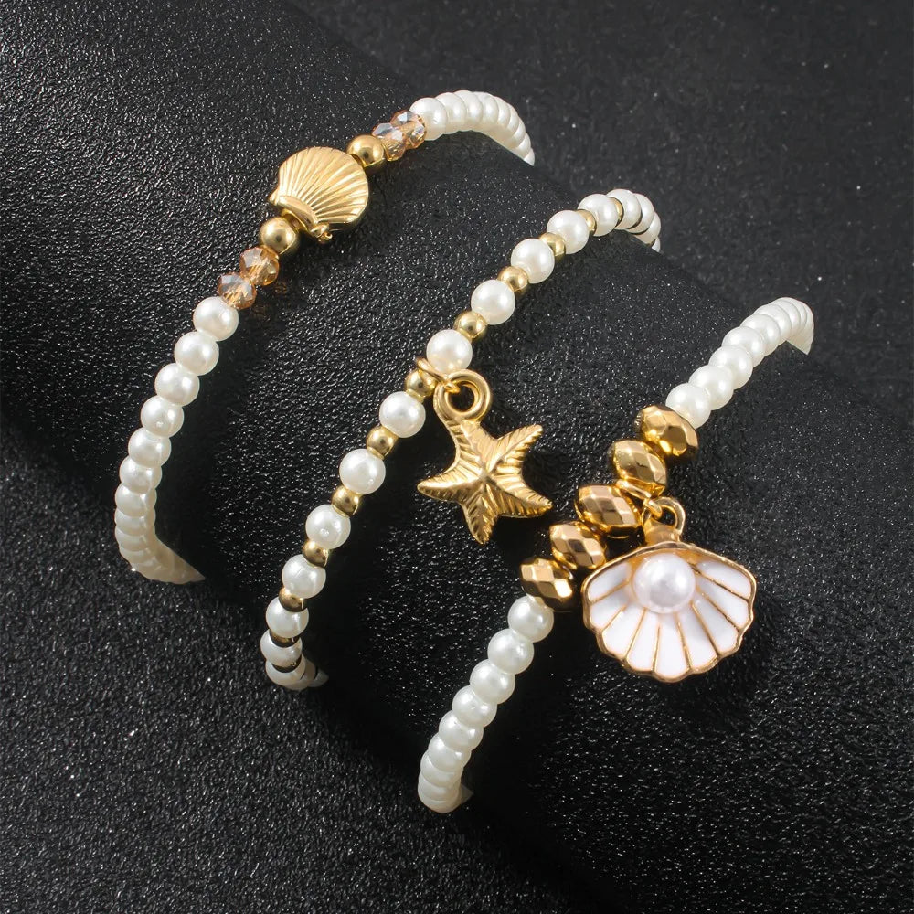 5Pcs Bohemian Ocean Theme Pearl Beaded Layered Bracelet Set Women Starfish Turtle Shell Charm Summer Beach Vacation Jewelry Sets