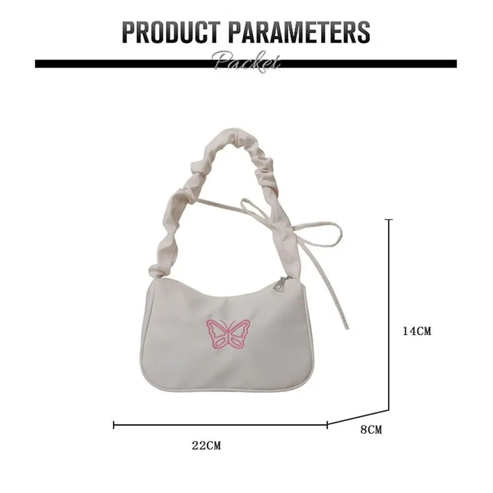 Ruffle Handle Women's Shoulder Bag Butterfly Embroidery Nylon Square Bag Zipper Closure Bowknot Decoration Underarm Bag