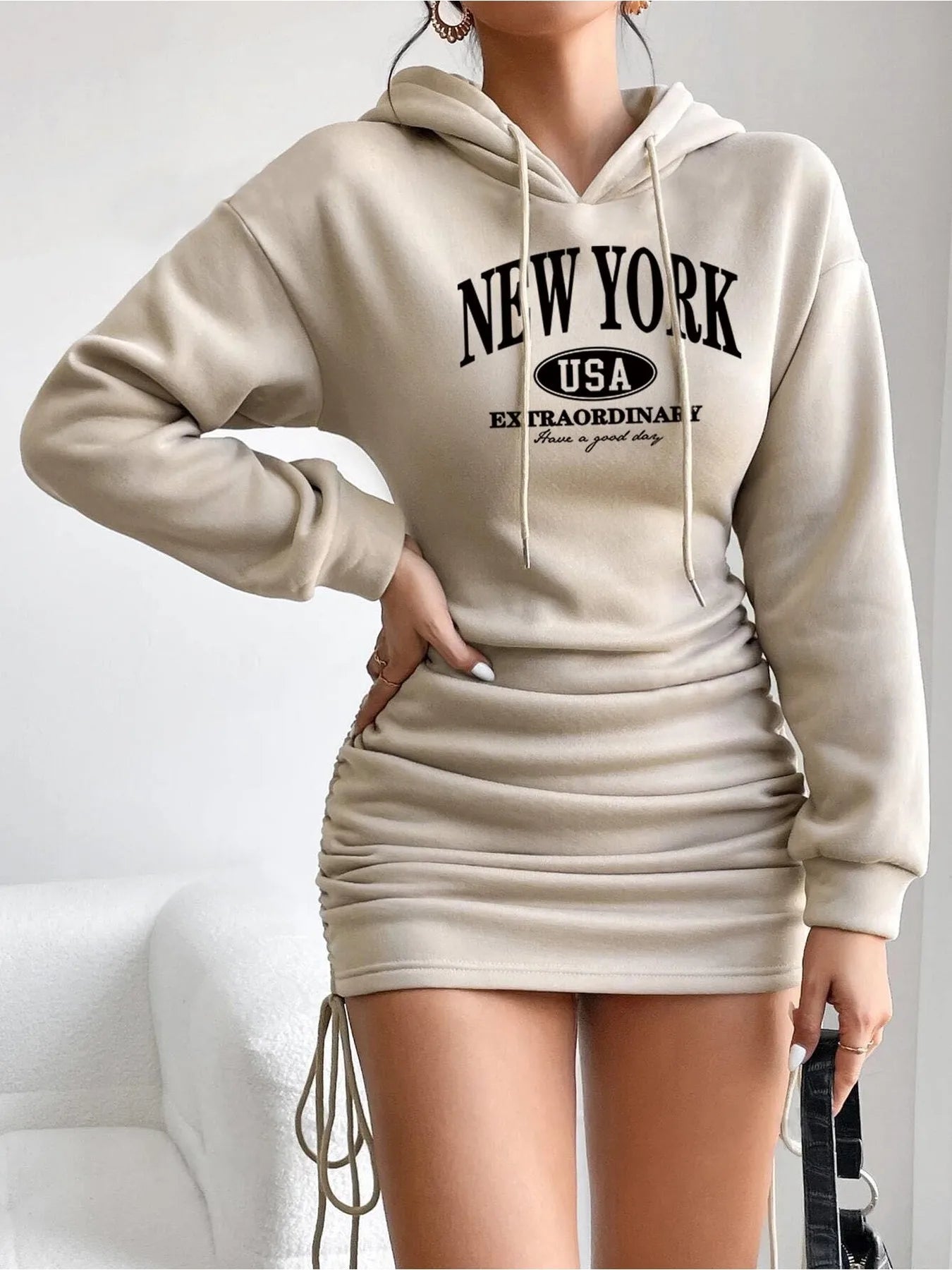 Women's Rest Elegant Hooded Strap Long Sleeve Letter Printed Solid Color Waist Skirt Strap Dress Mini Skirt Length