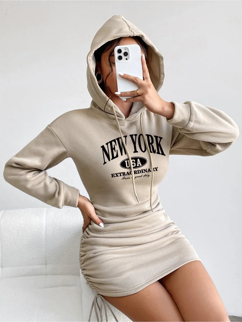 Women's Rest Elegant Hooded Strap Long Sleeve Letter Printed Solid Color Waist Skirt Strap Dress Mini Skirt Length