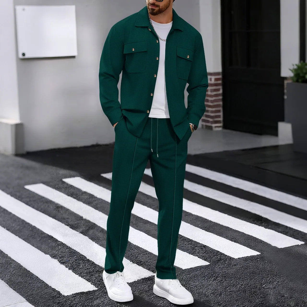 New Men's Solidcolor Waffle Longsleeved Pants Set High Quality Fashionable Comfortable With Double Pockets Workwear Style Cardig