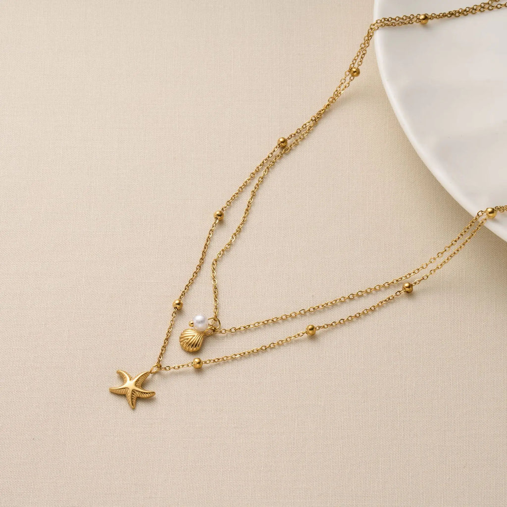 Fashion Starfish Shell Pearl Necklace for Women Stainless Steel Gold Color Double Layered Beads Chain Summer Beach Jewelry Gift