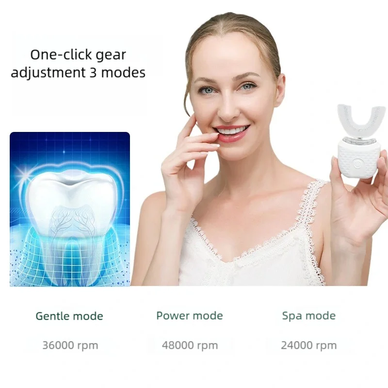 Portable U-shaped electric toothbrush, ultrasonic 360-degree cleaning, silicone whitening automatic toothbrush, oral tool