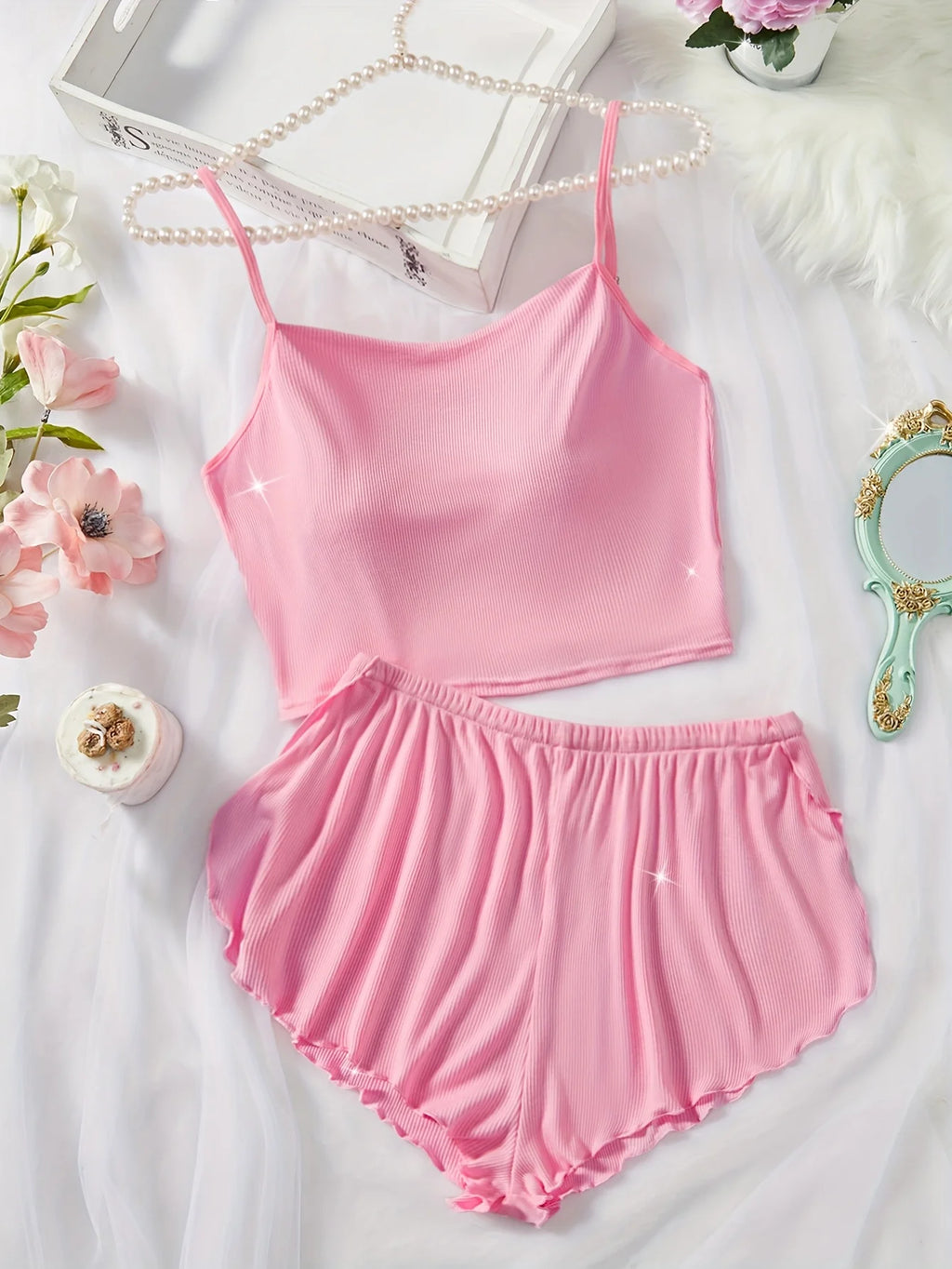 Women Solid Color Pajamas Set Comfortable Suspender Top and Slit Lettuce Trim Shorts Sets Casual Sleepwear & Loungewear
