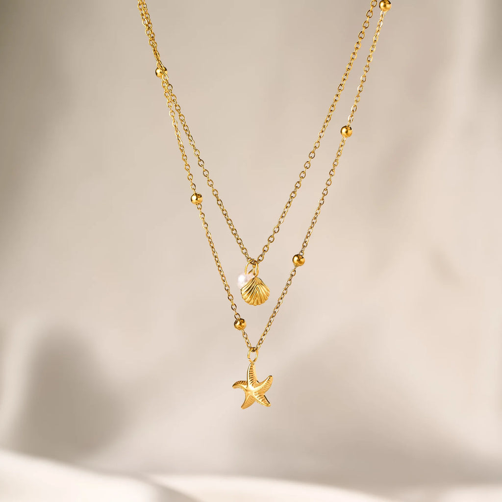 Fashion Starfish Shell Pearl Necklace for Women Stainless Steel Gold Color Double Layered Beads Chain Summer Beach Jewelry Gift
