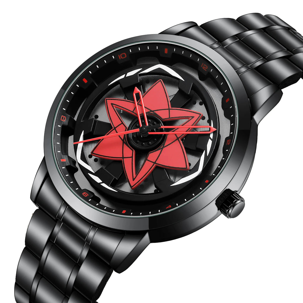 Black Men Watch 42mm Case Creative Spinning Racing Series Clock Stainless Steel Sports Quartz Movement Waterproof Watch for Men