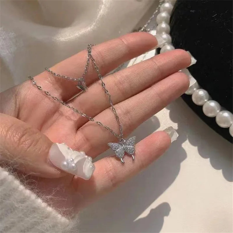 Silver Colour Shiny Butterfly Necklace For women Fashion Double Layer Pendant Clavicle Chain Necklace Wedding Party Jewelry 2021