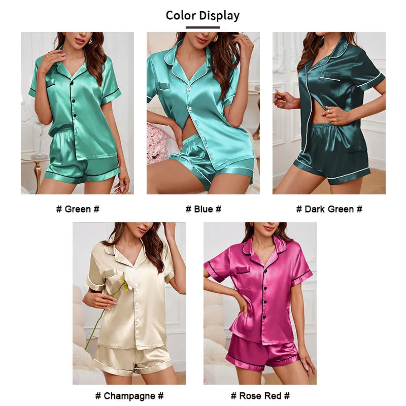 Summer Women's Pajama Set Satin Short Sleeve Lapel Tops with Shorts Sleepwear 2 Piece Loungewear Nightwear Home Clothes