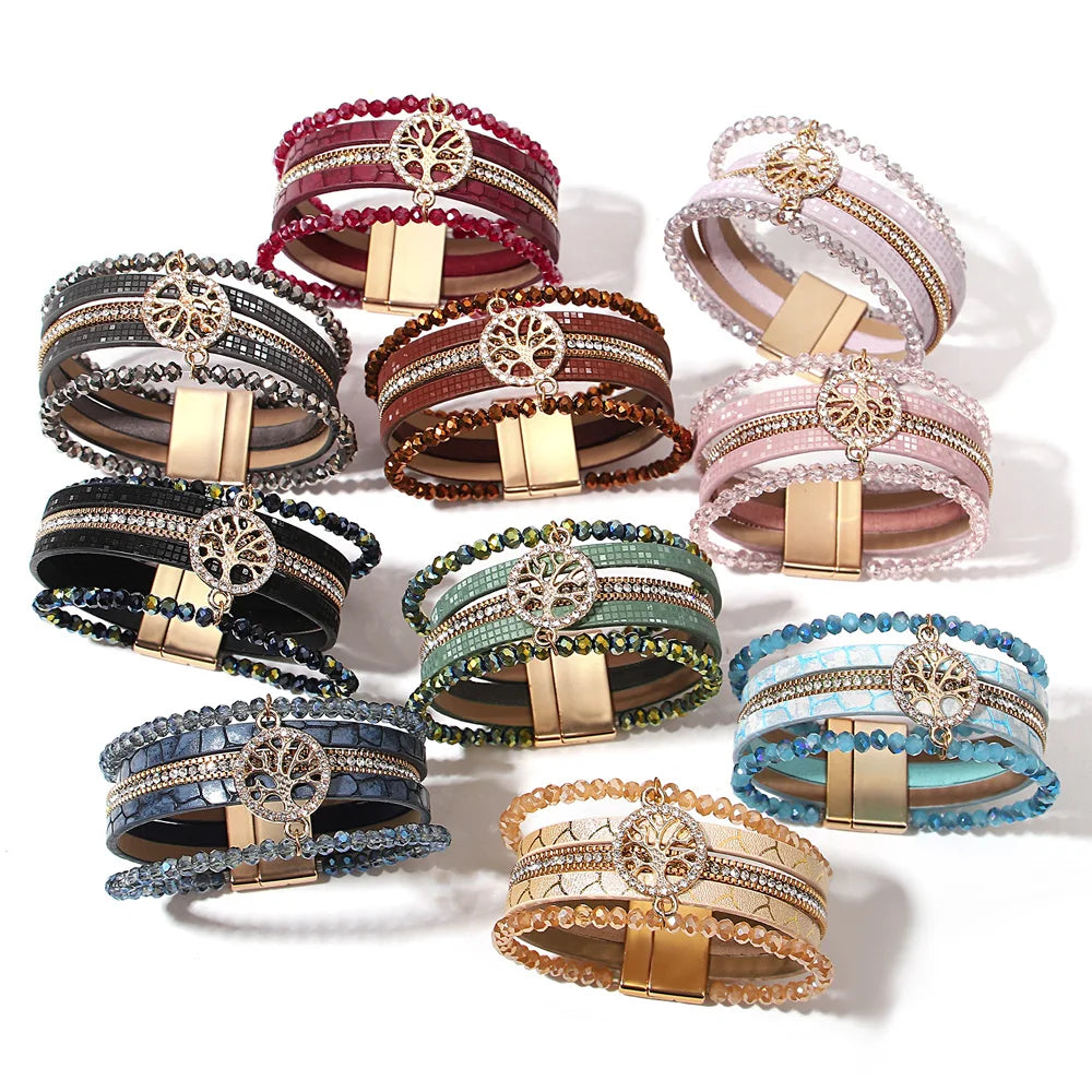 ALLYES Vintage Tree of Life Leather Bracelet for Women Multilayer Crystal Beads Chain Wrap Bracelets & Bangles Party Jewelry