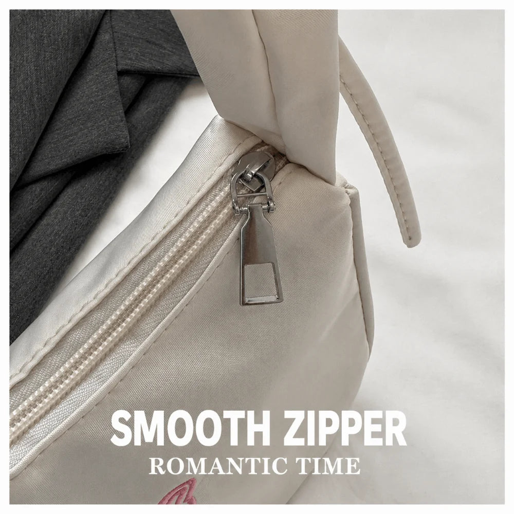 Ruffle Handle Women's Shoulder Bag Butterfly Embroidery Nylon Square Bag Zipper Closure Bowknot Decoration Underarm Bag