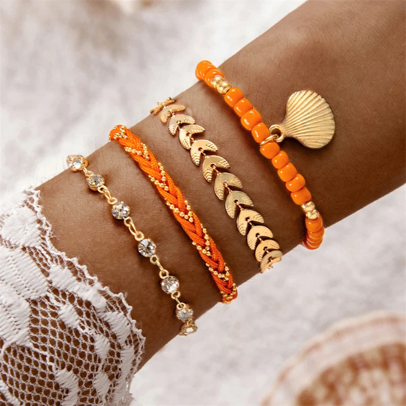 4pcs/set Bohemia Shell Bracelets for Women Ethnic Style Colorful Zircon Rice Beads Metal Chain Bangles Summer Beach Jewelry
