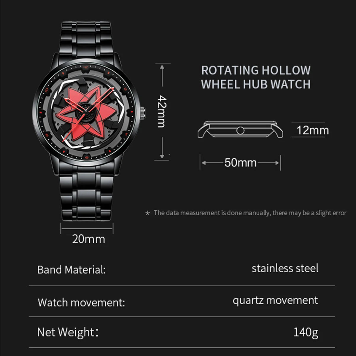 Black Men Watch 42mm Case Creative Spinning Racing Series Clock Stainless Steel Sports Quartz Movement Waterproof Watch for Men