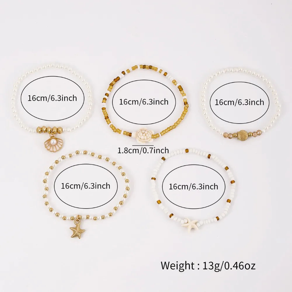 5Pcs Bohemian Ocean Theme Pearl Beaded Layered Bracelet Set Women Starfish Turtle Shell Charm Summer Beach Vacation Jewelry Sets