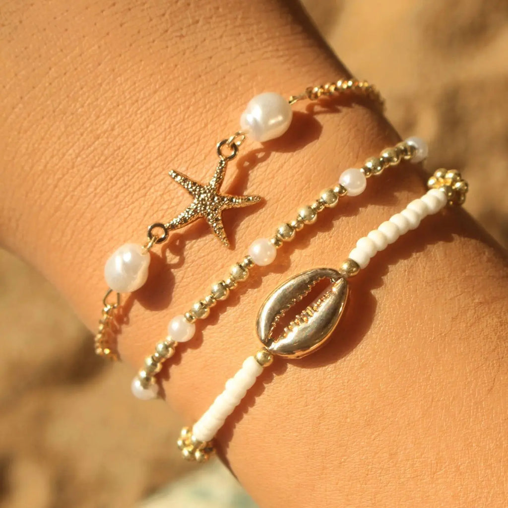 5Pcs Bohemian Ocean Theme Pearl Beaded Layered Bracelet Set Women Starfish Turtle Shell Charm Summer Beach Vacation Jewelry Sets