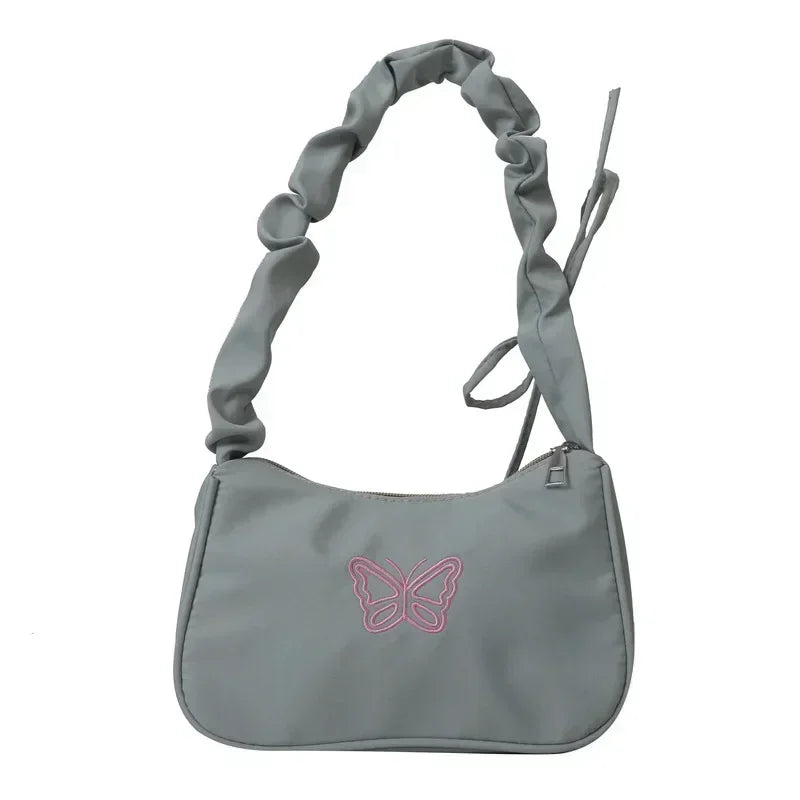 Embroidery Bowknot Butterfly Shoulder Bag Y2k-Style Ruffle Handle Nylon Bow Tote Bag Makeup Lipstick Bag Handbag New