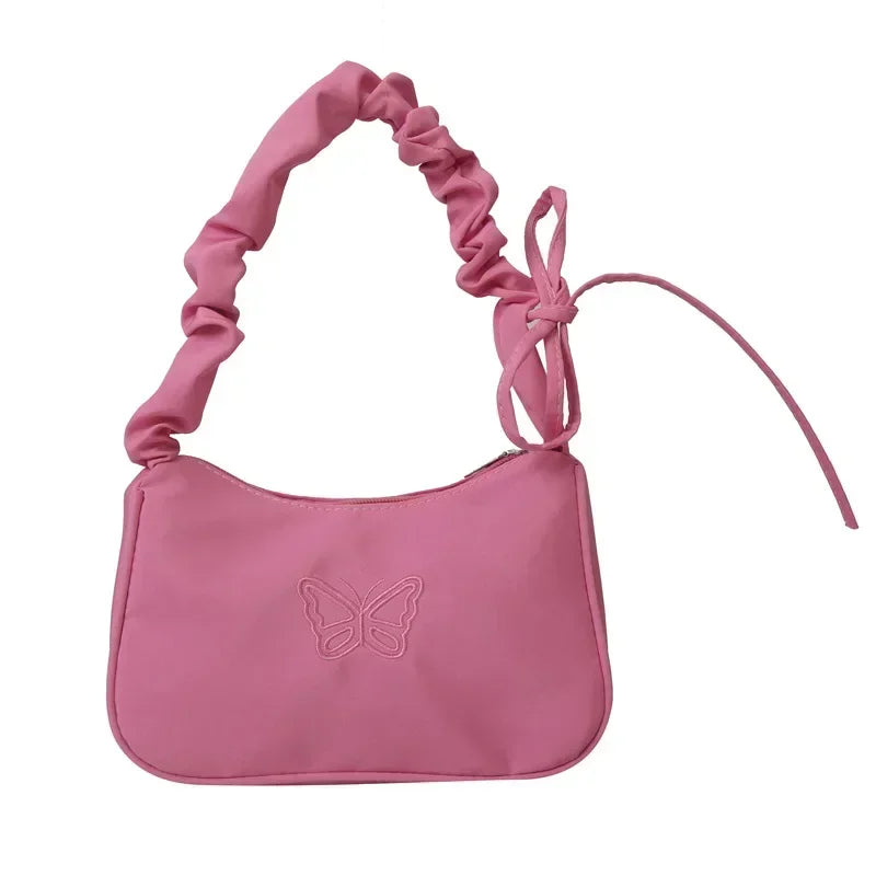 Embroidery Bowknot Butterfly Shoulder Bag Y2k-Style Ruffle Handle Nylon Bow Tote Bag Makeup Lipstick Bag Handbag New