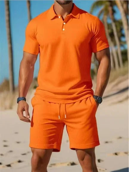 Summer New Men's Polo Shirt Set Casual Sporty Cool Fashionable Slim Fit Solid Color Short-Sleeved Shorts Set Men's