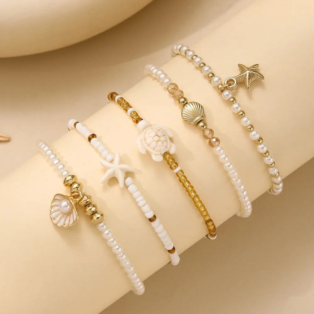 5Pcs Bohemian Ocean Theme Pearl Beaded Layered Bracelet Set Women Starfish Turtle Shell Charm Summer Beach Vacation Jewelry Sets