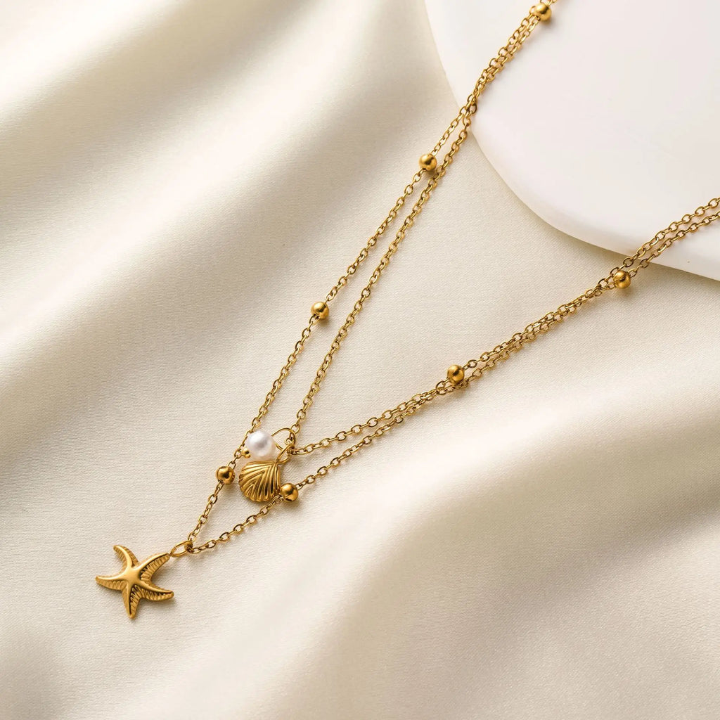 Fashion Starfish Shell Pearl Necklace for Women Stainless Steel Gold Color Double Layered Beads Chain Summer Beach Jewelry Gift