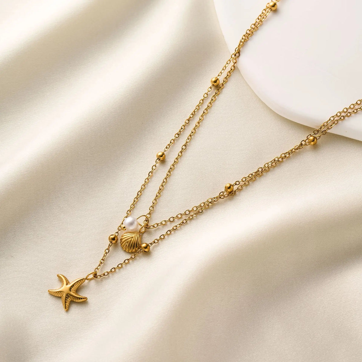 Fashion Starfish Shell Pearl Necklace for Women Stainless Steel Gold Color Double Layered Beads Chain Summer Beach Jewelry Gift