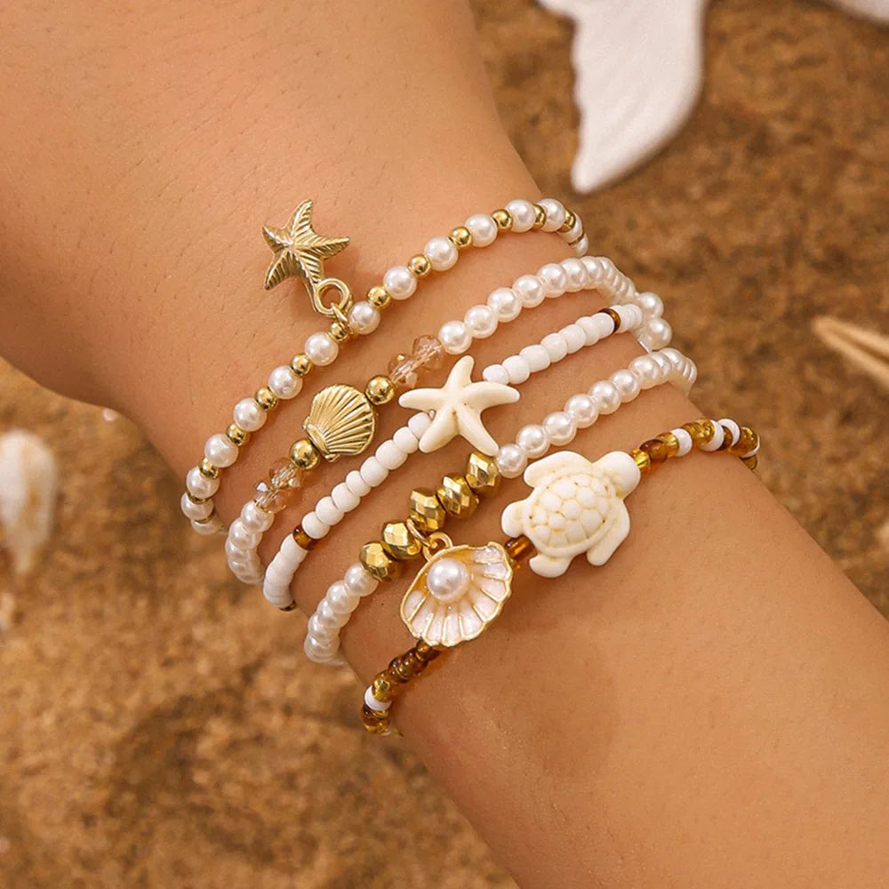 5Pcs Bohemian Ocean Theme Pearl Beaded Layered Bracelet Set Women Starfish Turtle Shell Charm Summer Beach Vacation Jewelry Sets