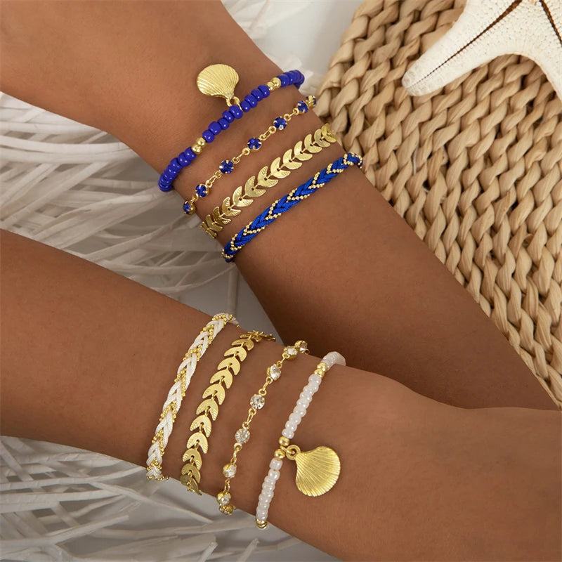 4pcs/set Bohemia Shell Bracelets for Women Ethnic Style Colorful Zircon Rice Beads Metal Chain Bangles Summer Beach Jewelry