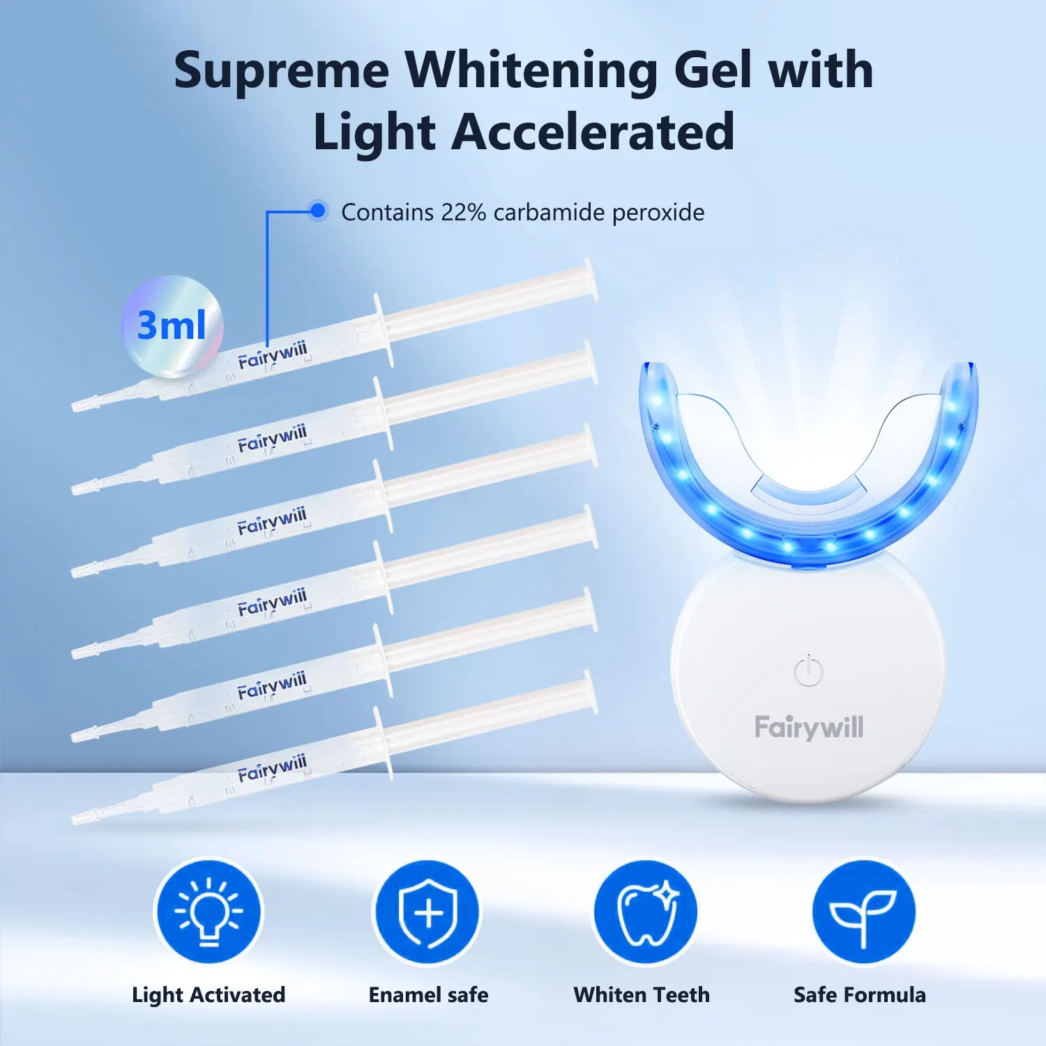 Fairywill Teeth Whitening Kit LED Light W/22% Teeth Whitening Light With 6 Carbamide Peroxide Teeth Whitening Gel For Sensitive