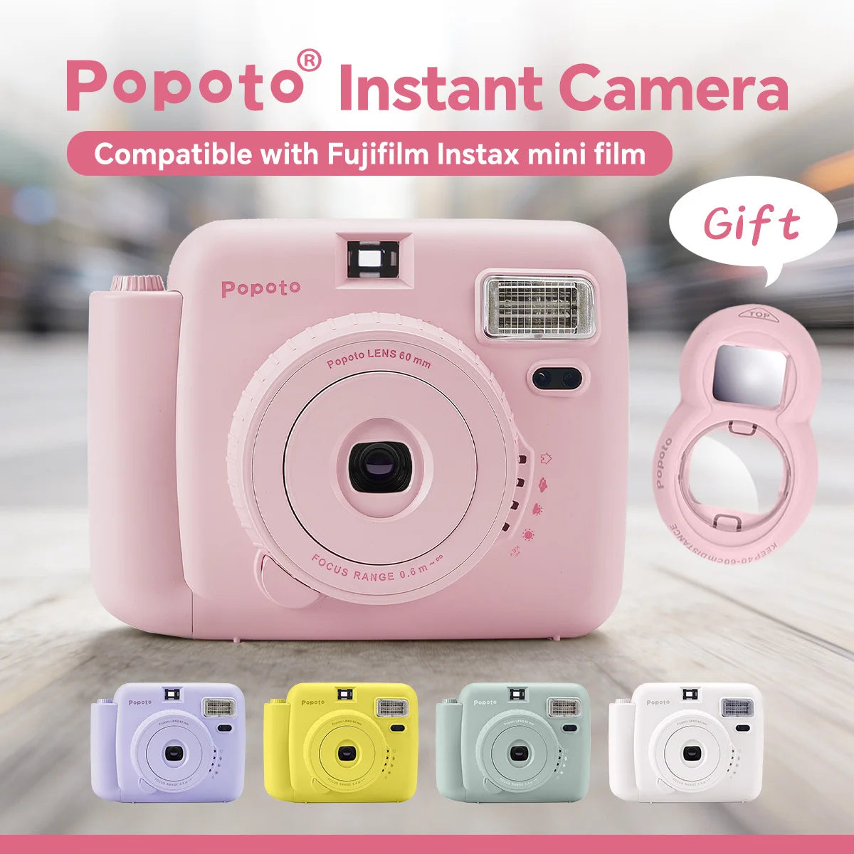 Popoto 3-Inch Instant Camera Uses Fuji Instax Mini 11 12 Film Macaron Point & Shoot Photography Vintage Photo Gift for Teens