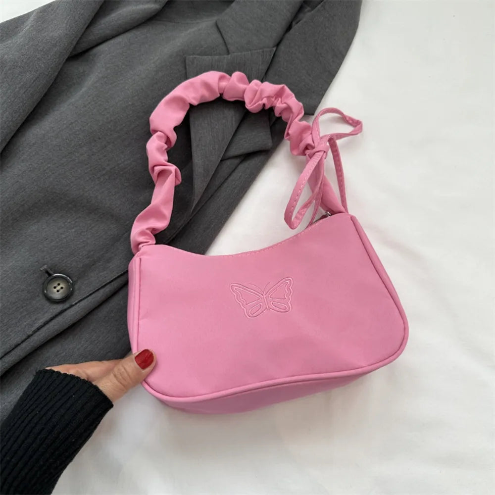 Ruffle Handle Women's Shoulder Bag Butterfly Embroidery Nylon Square Bag Zipper Closure Bowknot Decoration Underarm Bag