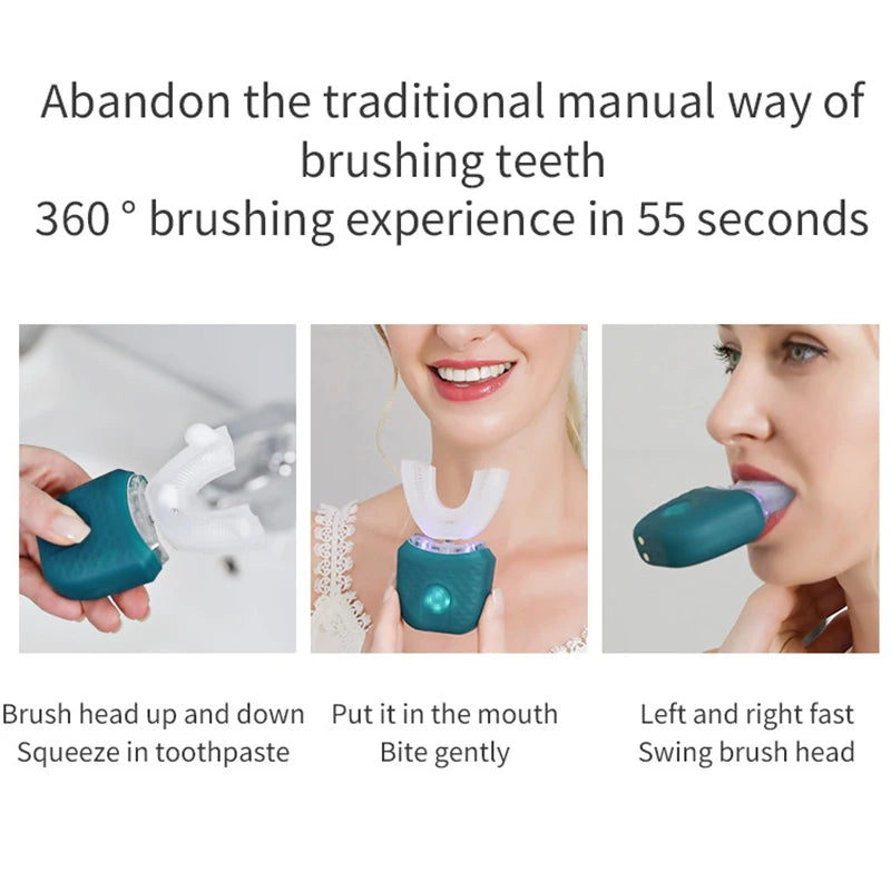 Portable U-shaped electric toothbrush, ultrasonic 360-degree cleaning, silicone whitening automatic toothbrush, oral tool