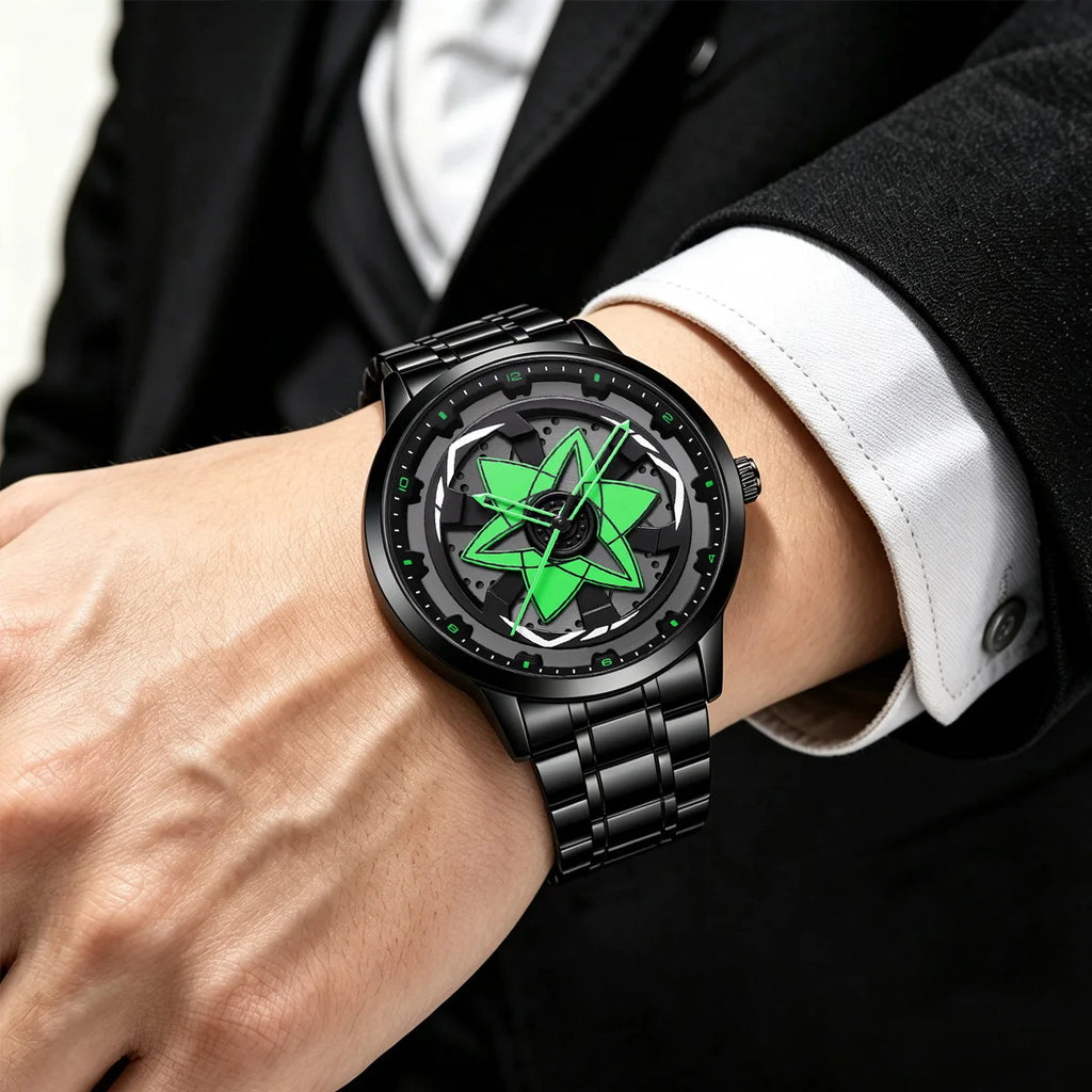 Black Men Watch 42mm Case Creative Spinning Racing Series Clock Stainless Steel Sports Quartz Movement Waterproof Watch for Men