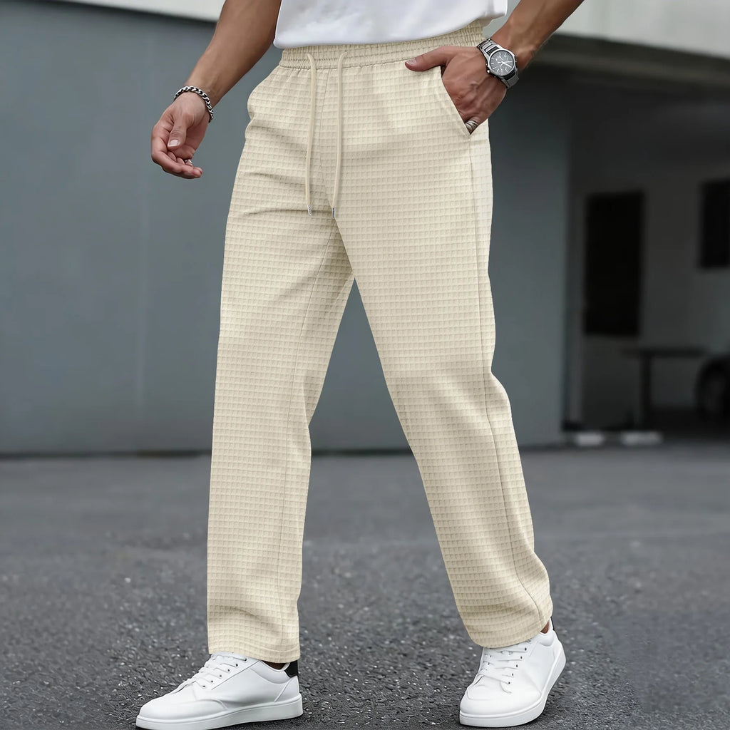 Men's Casual Drawstring Pants, Elastic Waist Straight Leg Trousers with Vertical Seams, Streetwear Bottoms