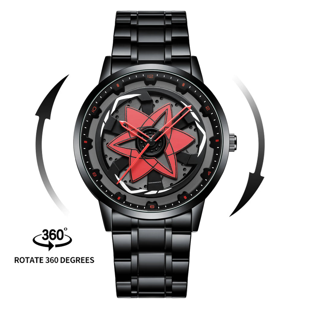 Black Men Watch 42mm Case Creative Spinning Racing Series Clock Stainless Steel Sports Quartz Movement Waterproof Watch for Men