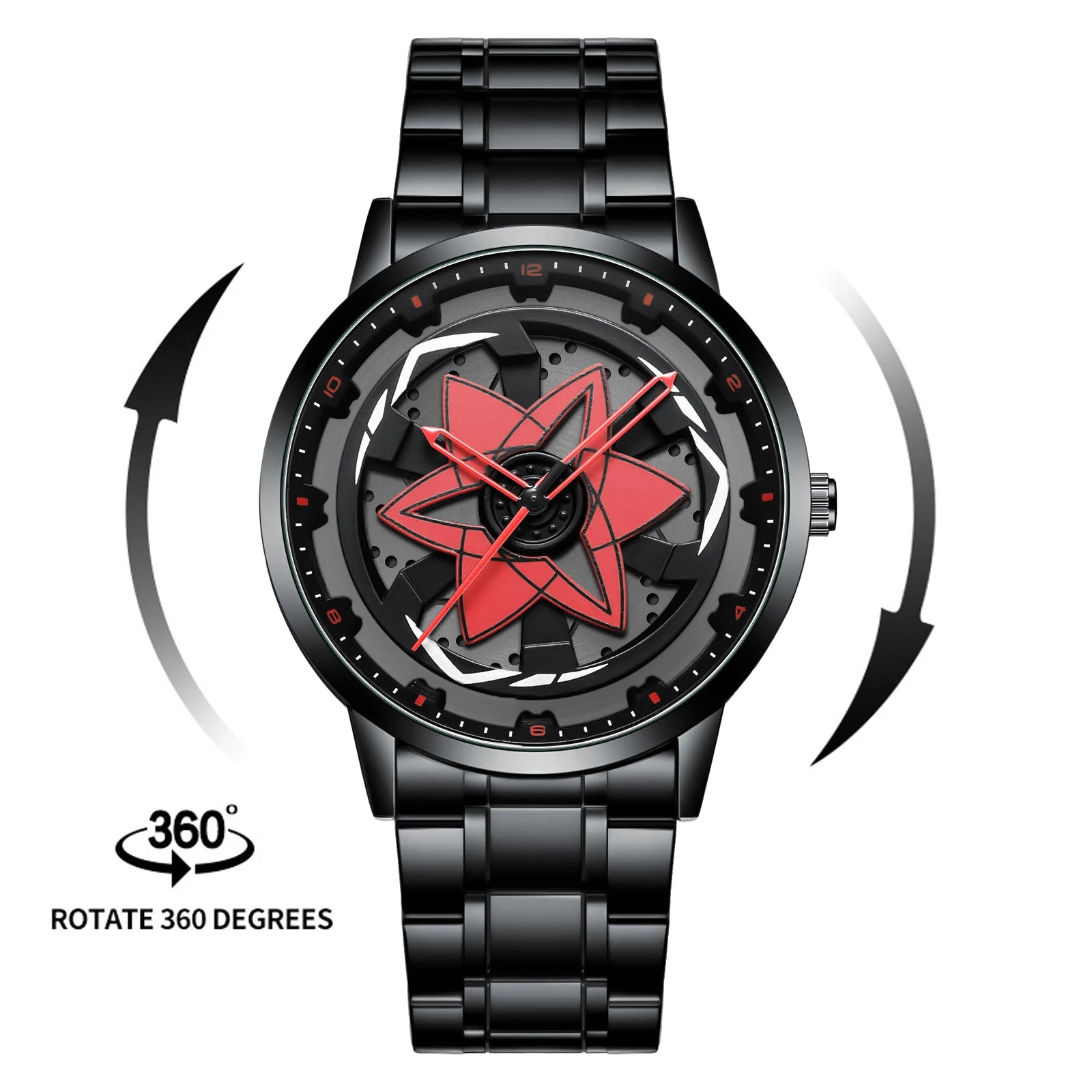 Black Men Watch 42mm Case Creative Spinning Racing Series Clock Stainless Steel Sports Quartz Movement Waterproof Watch for Men