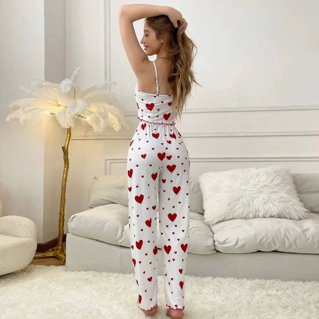2025 New Women Pajamas Plus Size Pajamas Set 2 Piece Short Vest + Trouser White Breathable Soft Casual Love Print