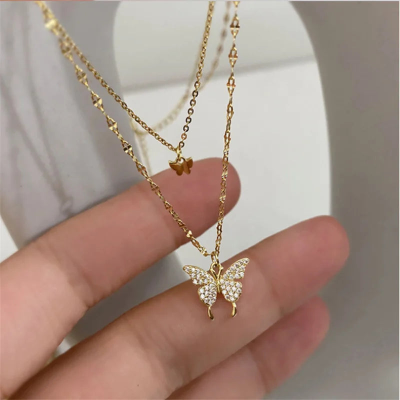 Silver Colour Shiny Butterfly Necklace For women Fashion Double Layer Pendant Clavicle Chain Necklace Wedding Party Jewelry 2021