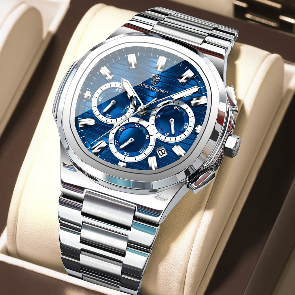 POEDAGAR Top Business Man Wristwatch Stainless Steel Waterproof Luminous Men Clock Date Chronograph Quartz Fashion Men's Watches