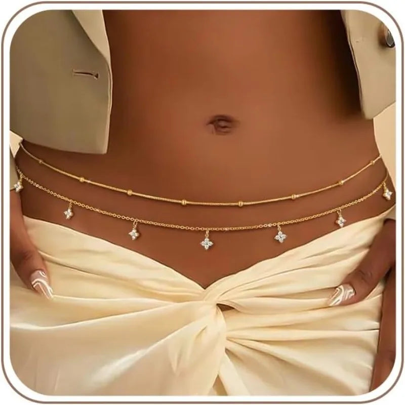 Waist Chain for Women Sexy Waterproof 14K Gold Plated Waist Beads Belly Chain Dainty Layered Body Chain Belt Beach Jewelry Gifts