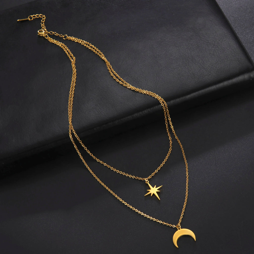 Skyrim Boho North Star Moon Pendant Necklace Stainless Steel Double Layer Clavicle Necklaces Kpop Jewelry Gift for Women