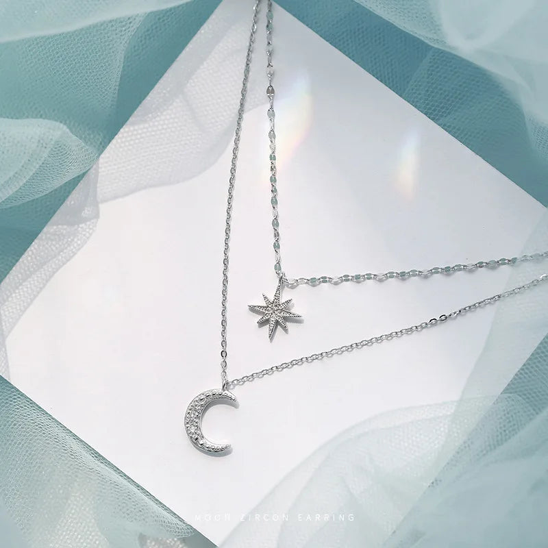 Fashion Silver Color Double Layer Star Moon Necklace for Women Charm Delicate Zircon Choker Chain Jewelry