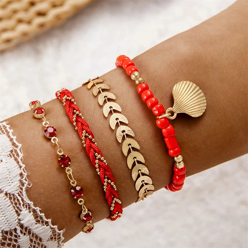 4pcs/set Bohemia Shell Bracelets for Women Ethnic Style Colorful Zircon Rice Beads Metal Chain Bangles Summer Beach Jewelry
