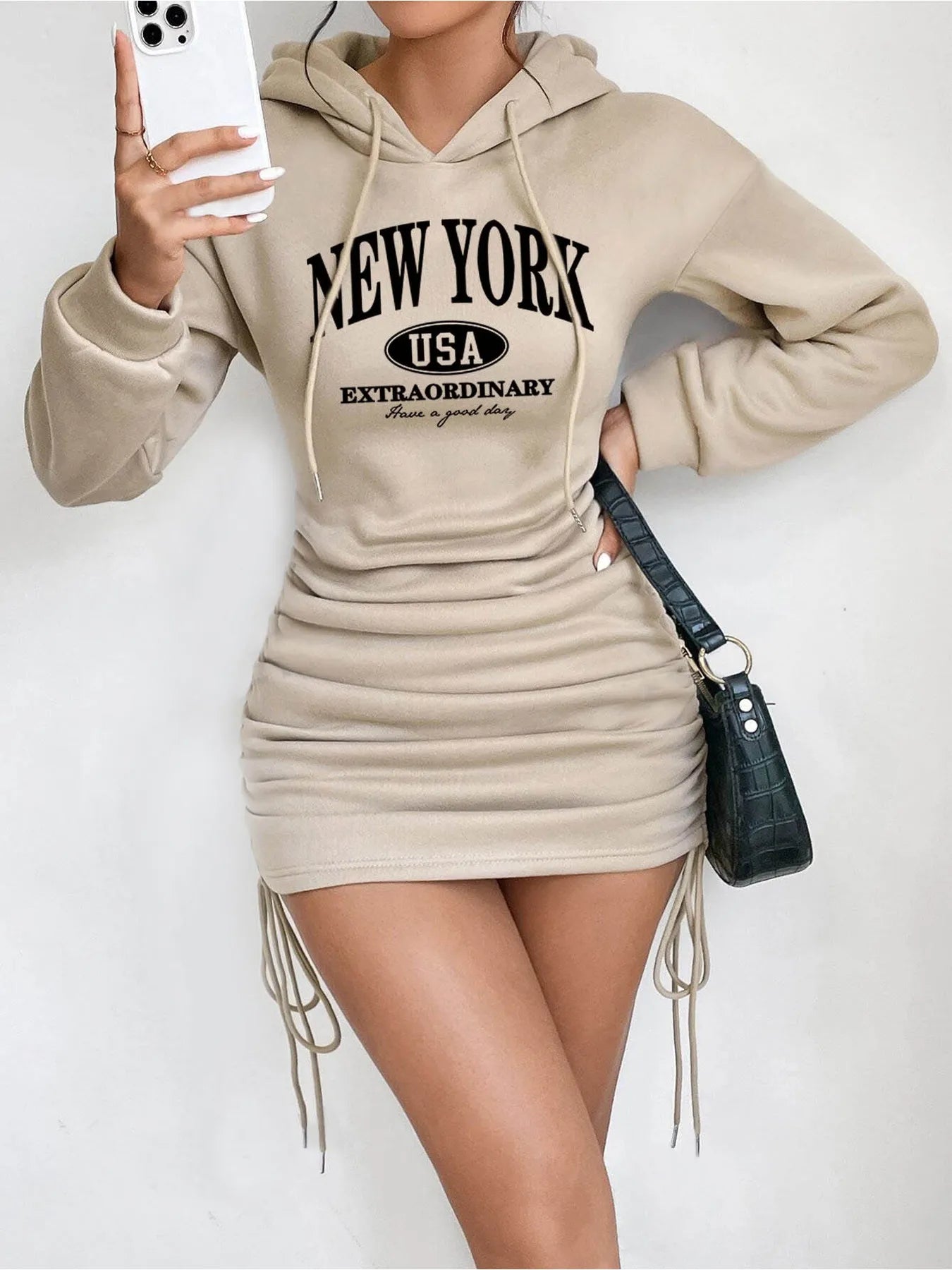 Women's Rest Elegant Hooded Strap Long Sleeve Letter Printed Solid Color Waist Skirt Strap Dress Mini Skirt Length