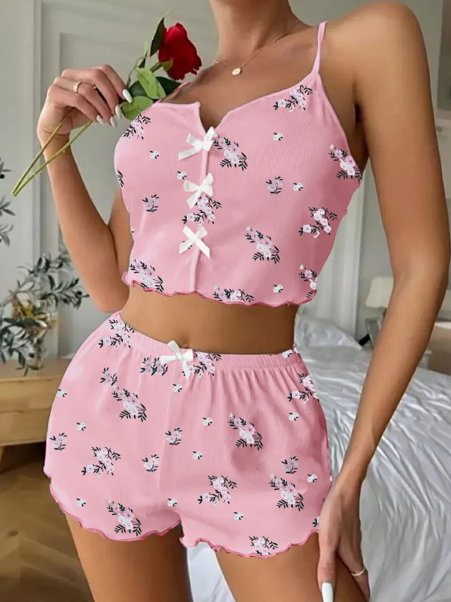 Summer Sleepwear for Women Fashion Floral Print Pajama Set V Neck Cami Top Lettuce Trim Shorts Sexy Lingerie Loungewear