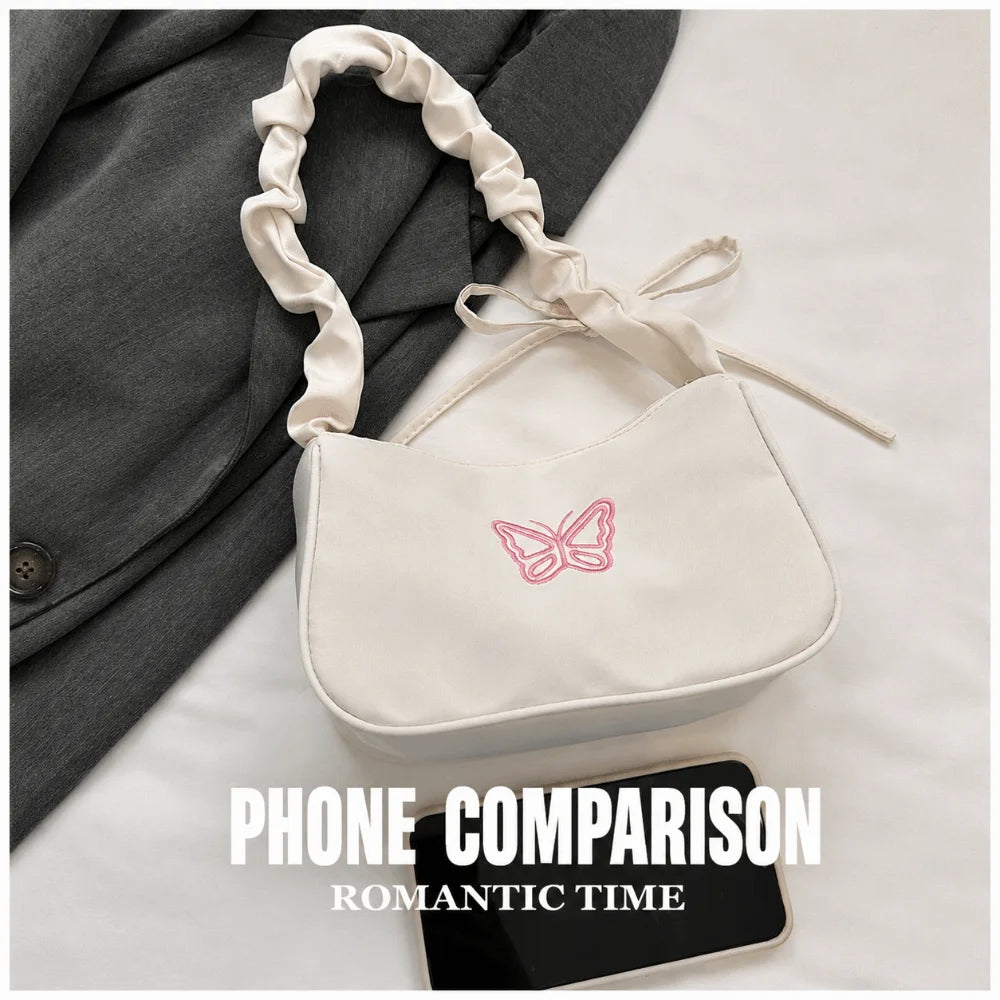 Ruffle Handle Women's Shoulder Bag Butterfly Embroidery Nylon Square Bag Zipper Closure Bowknot Decoration Underarm Bag