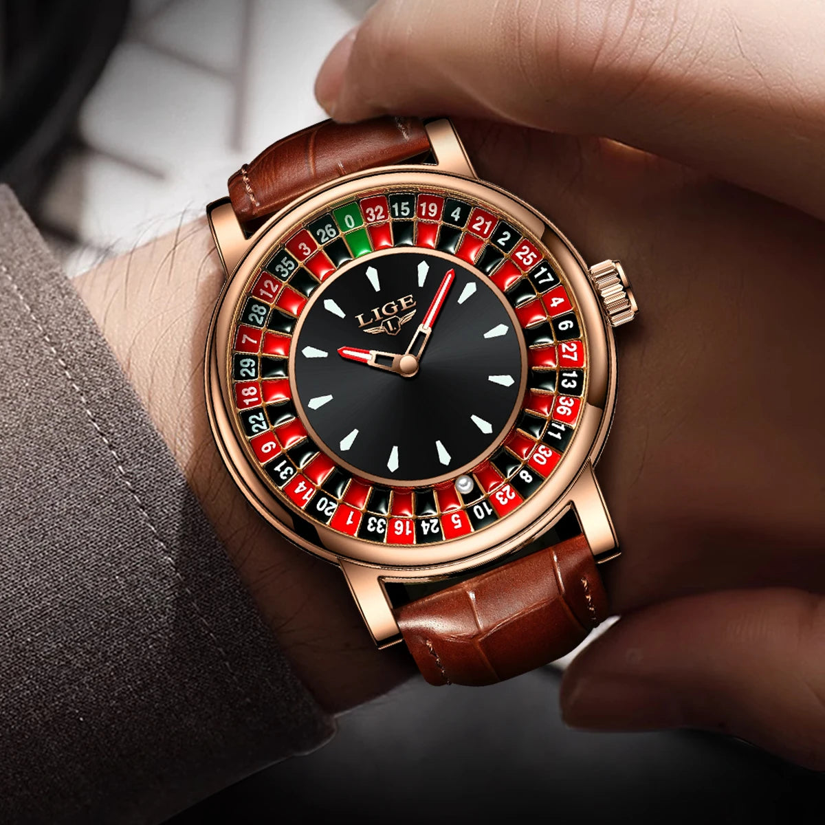 LIGE Fashion Brown Leather Men Watch Rotating Dial Las Vegas Roulette Desktop Theme Watch Men Waterproof Luminous Clock Watches