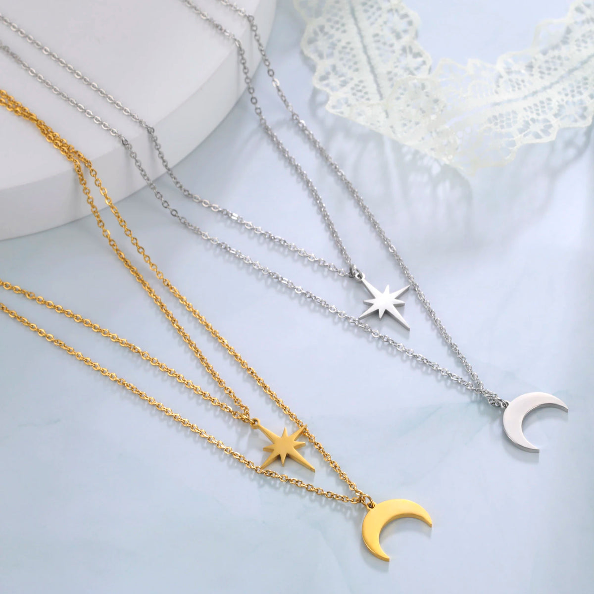 Skyrim Boho North Star Moon Pendant Necklace Stainless Steel Double Layer Clavicle Necklaces Kpop Jewelry Gift for Women